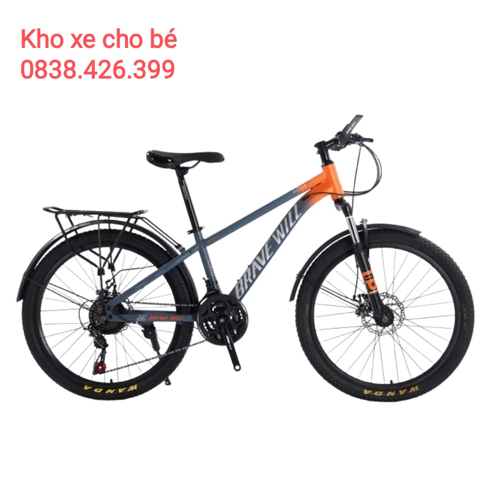 Xe đạp địa hình xe đạp thể dục Brave Will phanh đĩa xích đề có gacbaga chắn bùn dài 2 size 24/26