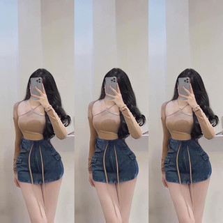 Set áo cổ yếm nâu tay dài + chân váy jeans