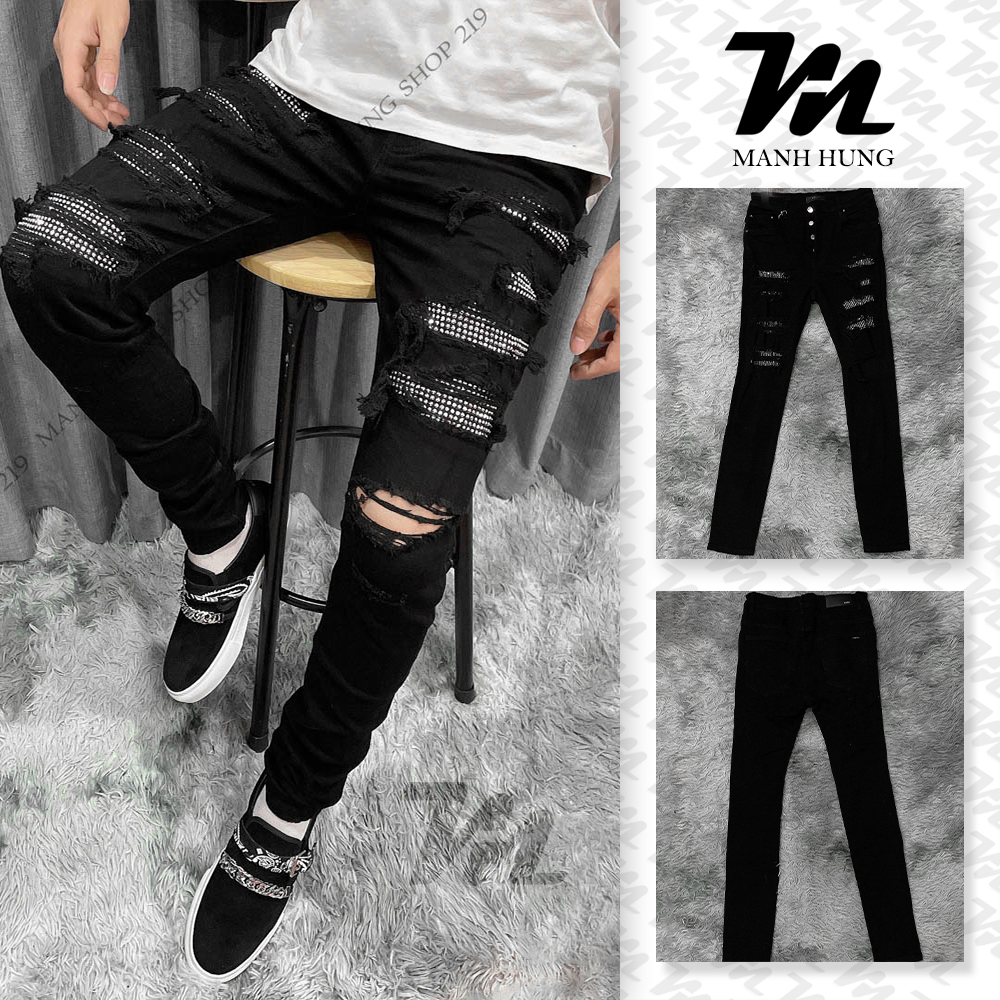 - Quần Bò Amiri - Jeans Đen Đính Đá Dáng Biker - Hàng Loại 1 Chất Liệu Jean Cao Cấp Mạnh Hùng Shop 219