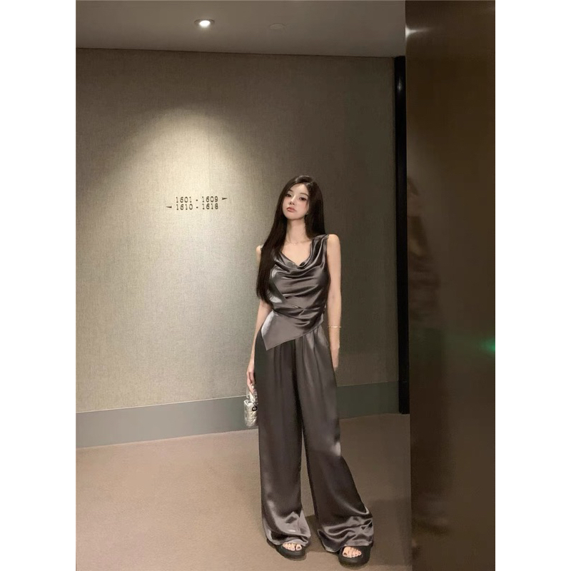 Set áo lụa cổ đổ + quần ống rộng lụa lưng cao dáng dài phong cách sang chảnh