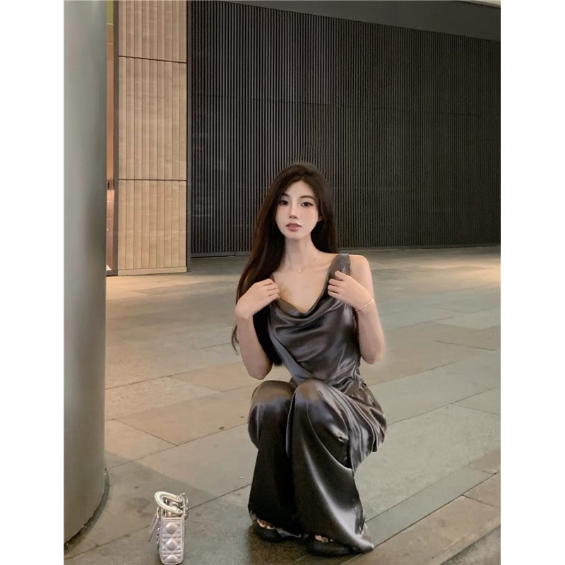 Set áo lụa cổ đổ + quần ống rộng lụa lưng cao dáng dài phong cách sang chảnh