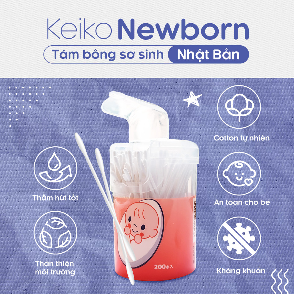 Tăm bông kháng khuẩn Nhật Keiko newborn cho bé sơ sinh Hộp 200c