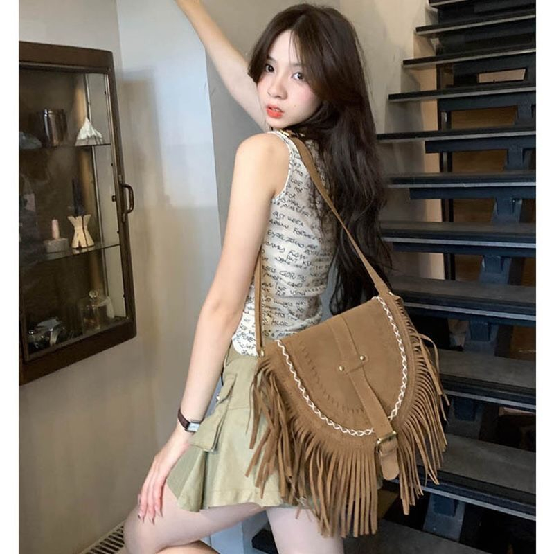 Túi đeo chéo da lộn phối tua rua phong cách âu mỹ mã T16a