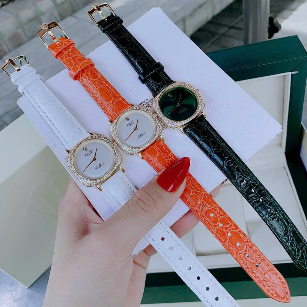 Đồng hồ nữ Rolex dây da mặt vuông viền đá full hộp cao cấp, máy pin, chống nước, bảo hành 24 Tháng