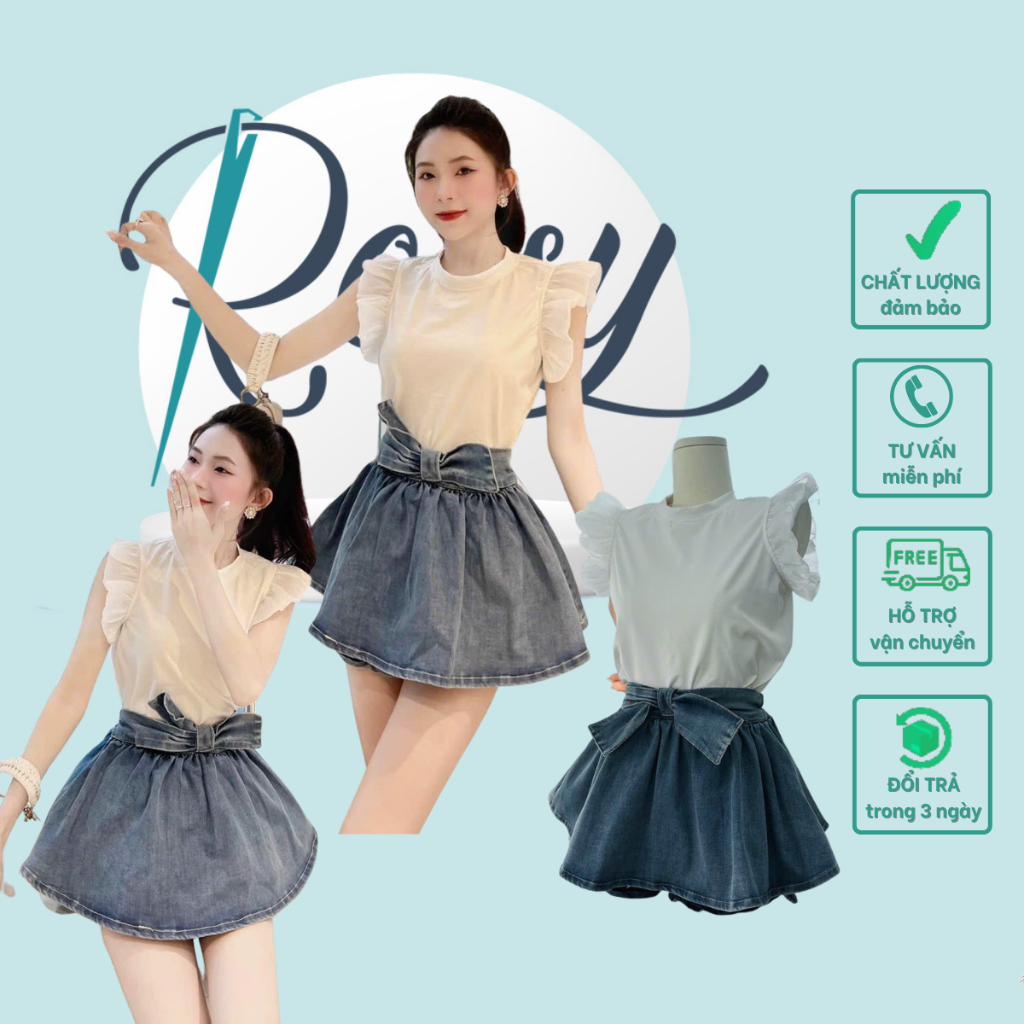 SET PULL TRẮNG TAY TIÊN PHỐI VOAN + CHÂN VÁY JEAN THẮT NƠ Rossy Fashion - SR225