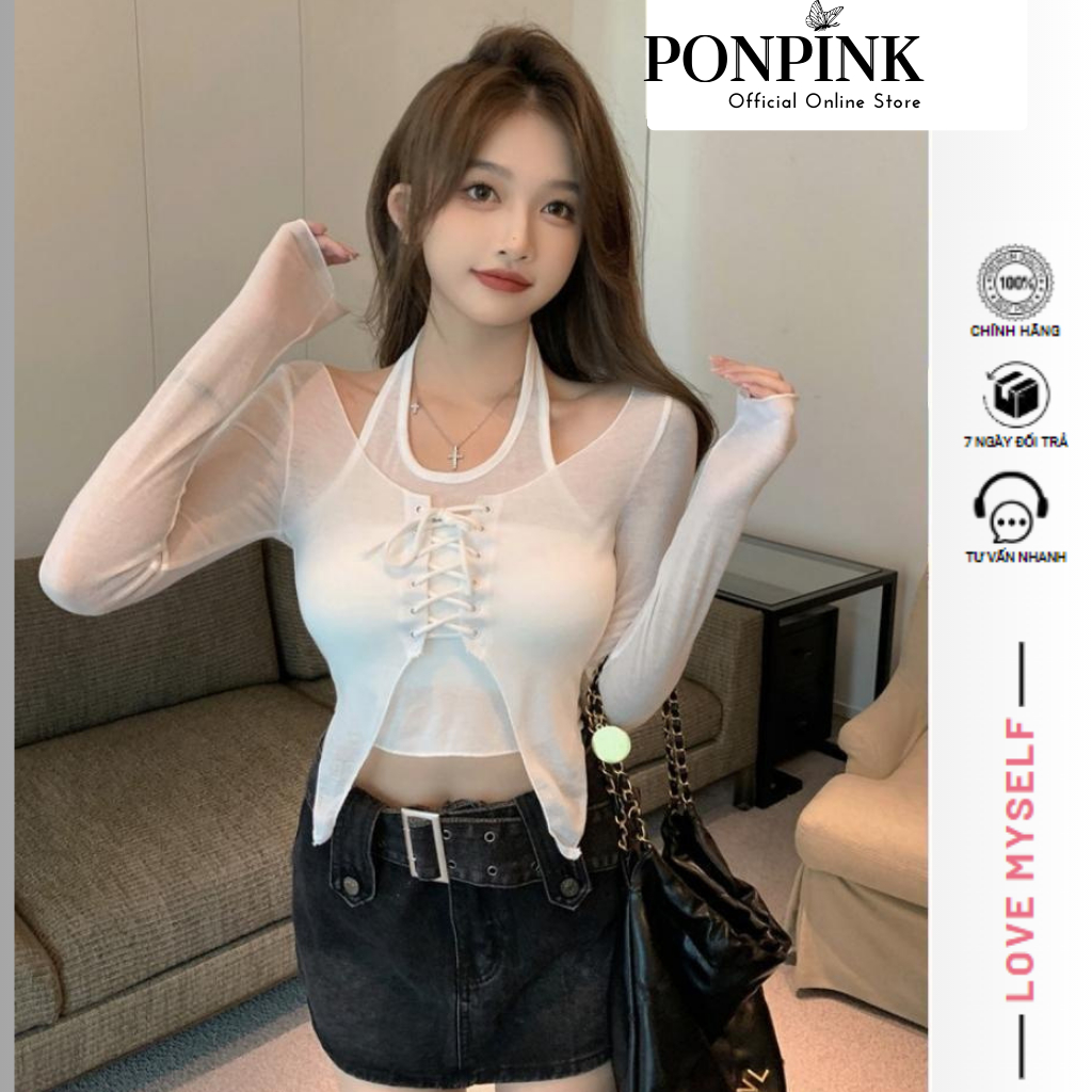 Áo dài tay nữ cổ yếm GenY vải lưới phối dây cột trước ngực cực xinh, áo kiểu nữ gợi cảm ADT19
