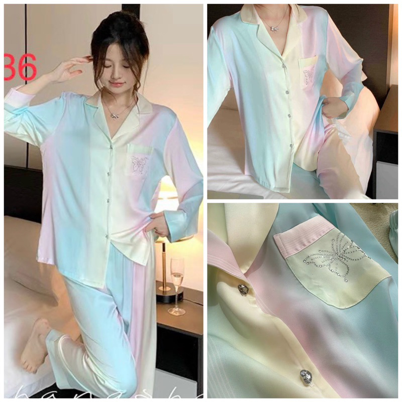 pijama lụa cao cấp Quảng Châu tay dài trơn loang màu