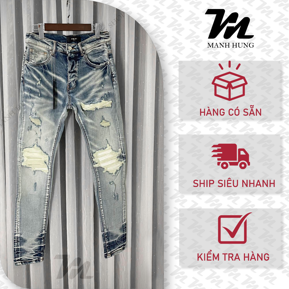 🏆 - Quần Bò Amiri - Jean Xanh Sáng Vá Da Trắng Dáng Biker - Loại 1 Chất Liệu Jean Cao Cấp - Mạnh Hùng Shop 219