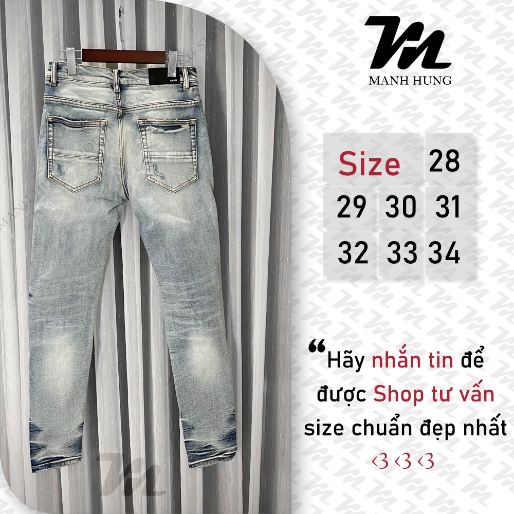 🏆 - Quần Bò Amiri - Jean Xanh Sáng Vá Da Trắng Dáng Biker - Loại 1 Chất Liệu Jean Cao Cấp - Mạnh Hùng Shop 219