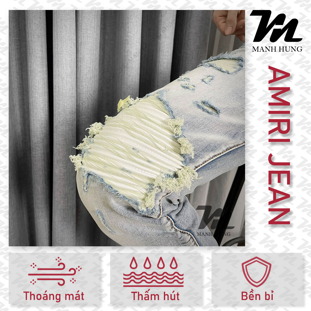 🏆 - Quần Bò Amiri - Jean Xanh Sáng Vá Da Trắng Dáng Biker - Loại 1 Chất Liệu Jean Cao Cấp - Mạnh Hùng Shop 219