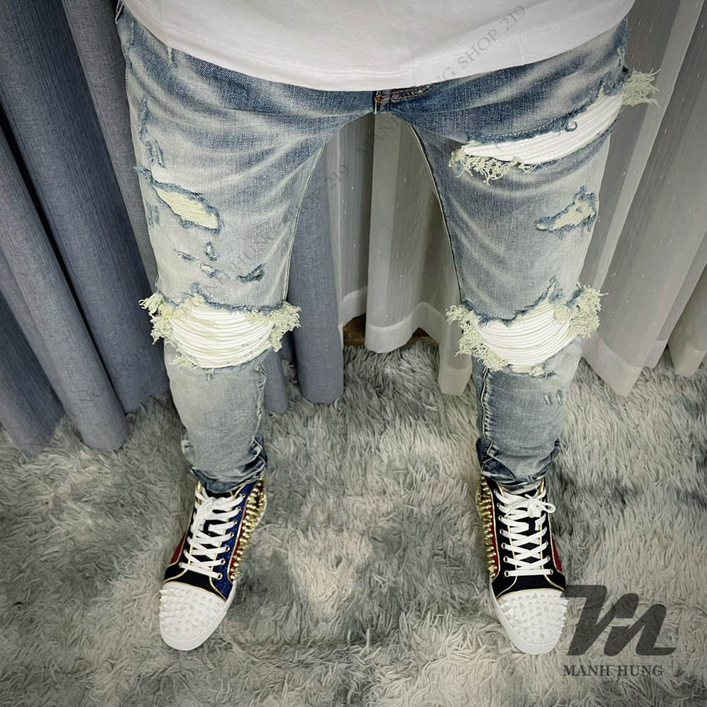 🏆 - Quần Bò Amiri - Jean Xanh Sáng Vá Da Trắng Dáng Biker - Loại 1 Chất Liệu Jean Cao Cấp - Mạnh Hùng Shop 219