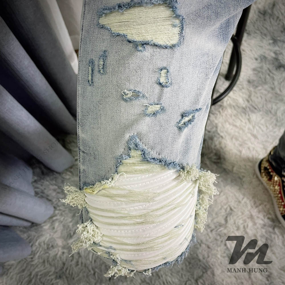 🏆 - Quần Bò Amiri - Jean Xanh Sáng Vá Da Trắng Dáng Biker - Loại 1 Chất Liệu Jean Cao Cấp - Mạnh Hùng Shop 219