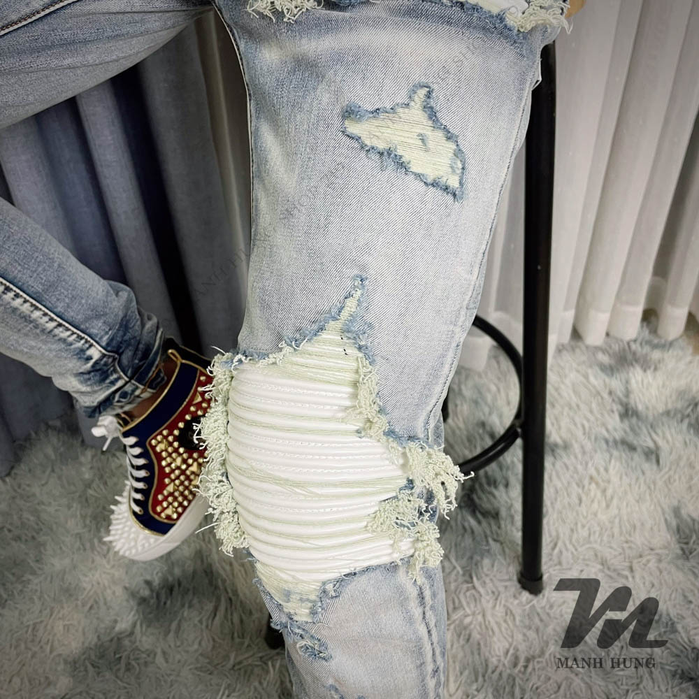 🏆 - Quần Bò Amiri - Jean Xanh Sáng Vá Da Trắng Dáng Biker - Loại 1 Chất Liệu Jean Cao Cấp - Mạnh Hùng Shop 219