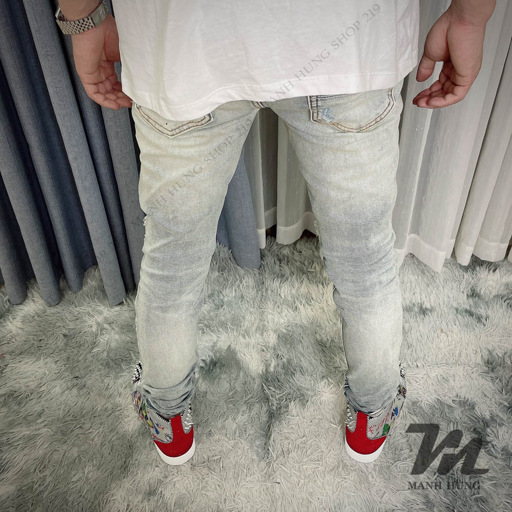 🏆 - Quần Bò Amiri - Jean Xanh Sáng Vá Da Trắng Dáng Biker - Loại 1 Chất Liệu Jean Cao Cấp - Mạnh Hùng Shop 219