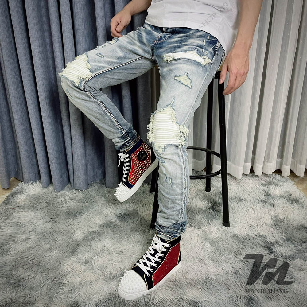 🏆 - Quần Bò Amiri - Jean Xanh Sáng Vá Da Trắng Dáng Biker - Loại 1 Chất Liệu Jean Cao Cấp - Mạnh Hùng Shop 219
