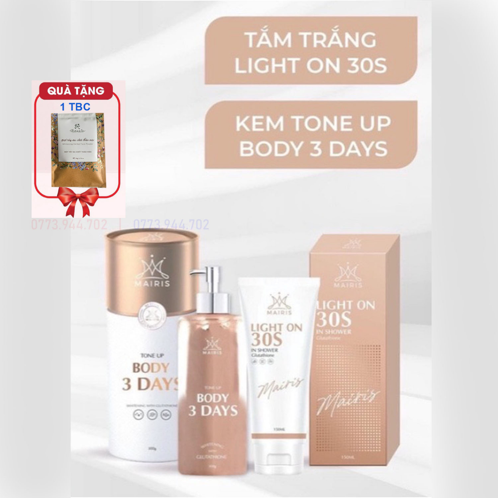 Tặng Quà - Combo Tắm Tắm Trắng 30s Light On Và Body Truyền Trắng 3 Days Mairis