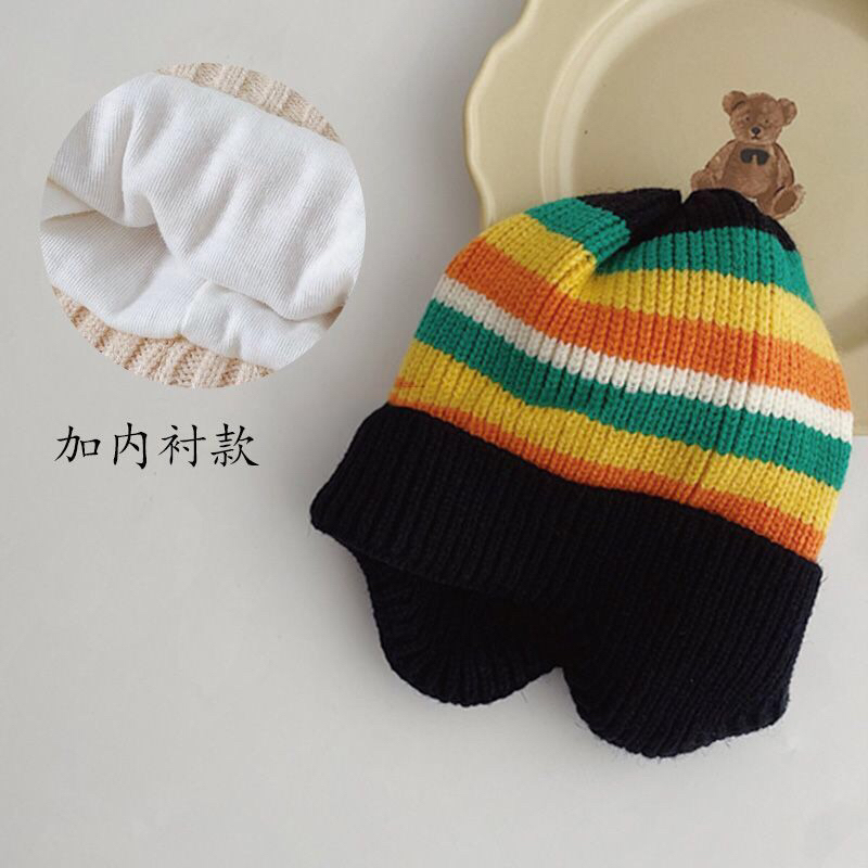 Mũ nón len trùm tai dáng kẻ cho bé 6-30 tháng có lót trong