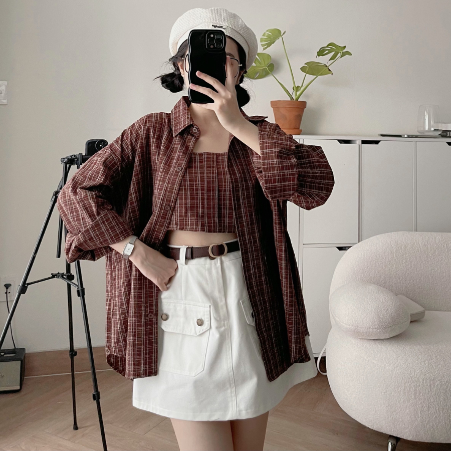 Set combo áo sơ mi + áo 2 dây chất vải caro hàn dệt WOMI 10540 - Jemcloset