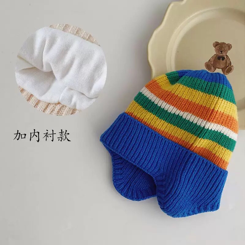Mũ nón len trùm tai dáng kẻ cho bé 6-30 tháng có lót trong
