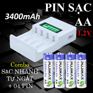 4 pin sạc aa 3400mah + sạc pin tiểu pujimax lcd-04 / sạc pin aa/aaa với dòng sạc nhanh tự ngắt
