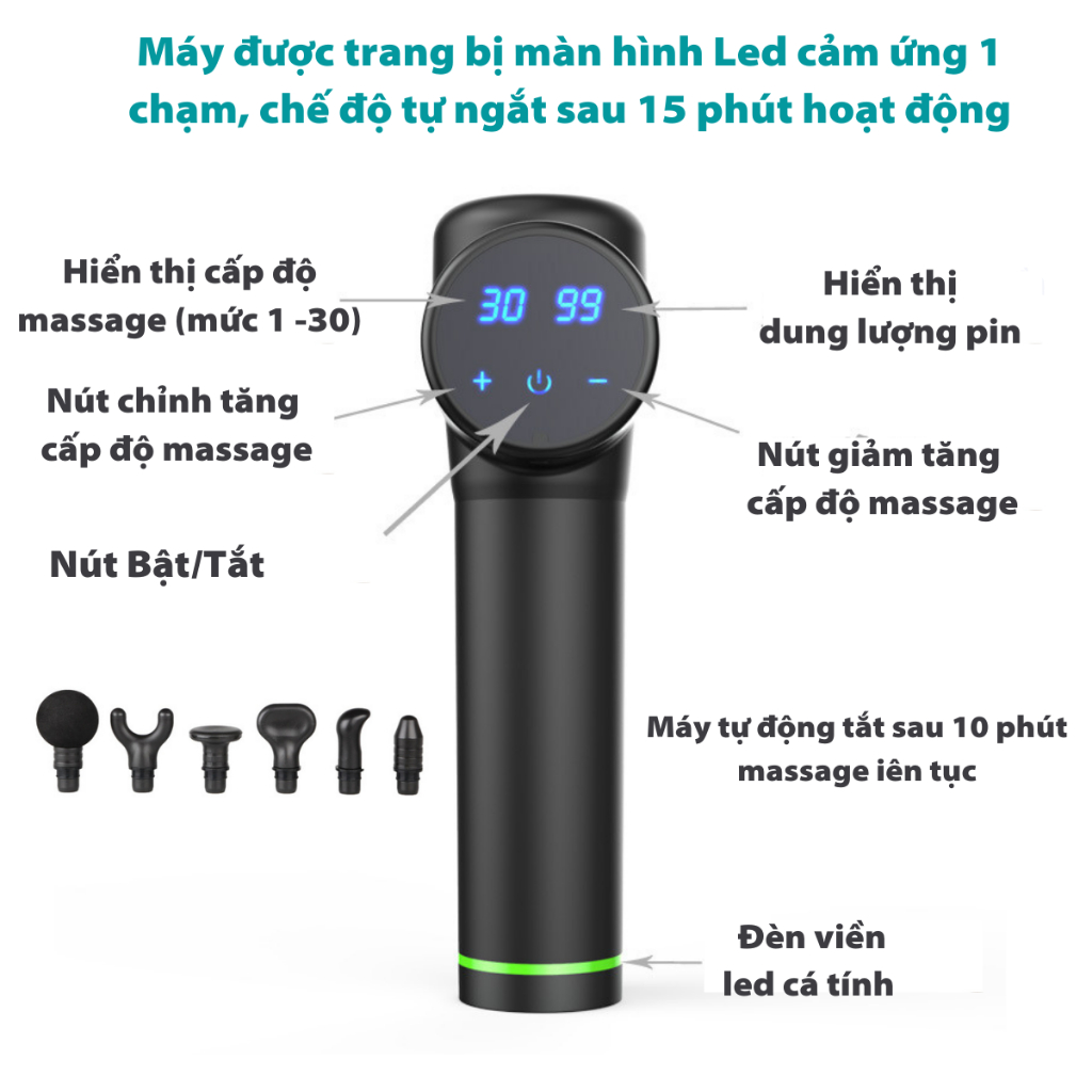 Máy Massage Cầm Tay 6 Đầu 30 Cấp Độ, Màn Hình LCD, Máy Massage Giảm Đau Mỏi Toàn Thân, Cổ Vai Gáy