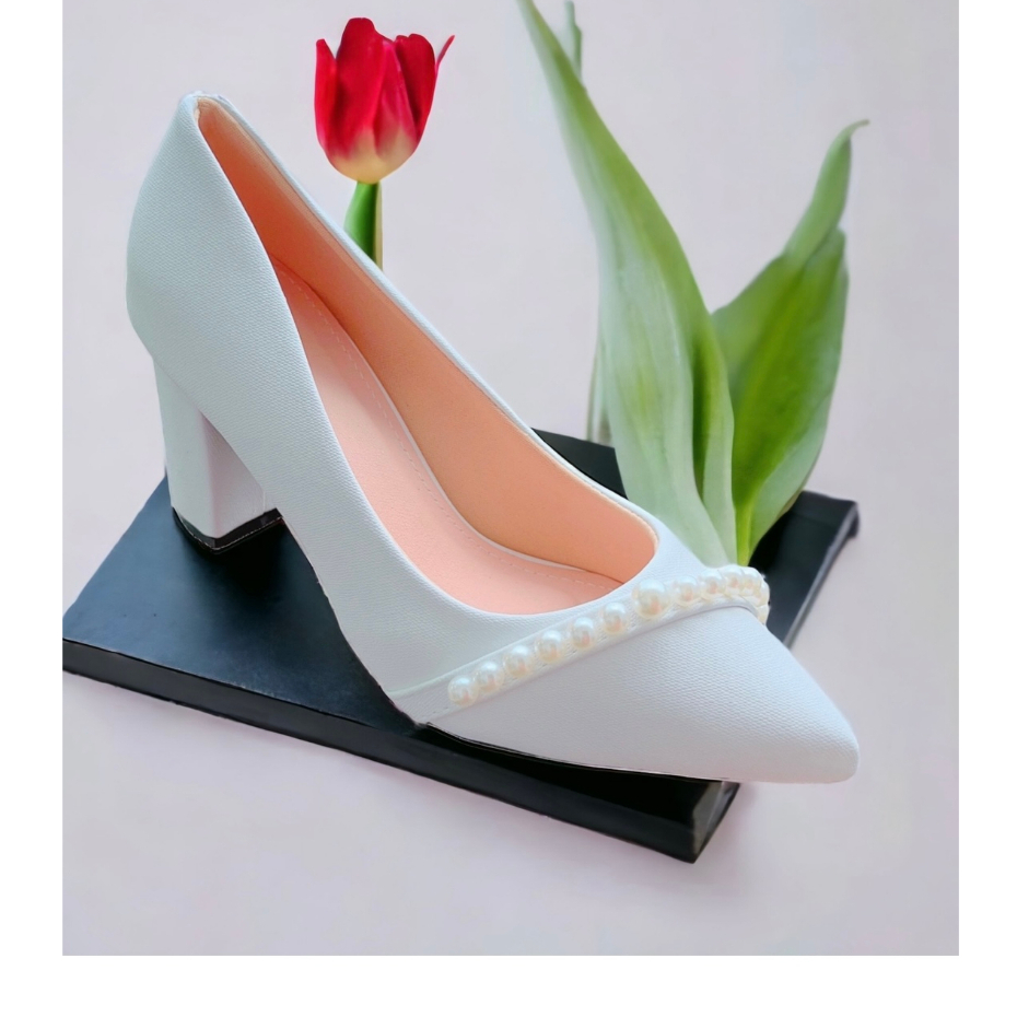 Giày nữ giày công sở gót vuông phối hạt ngọc 7cm - B79