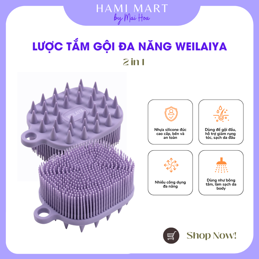 Lược Gội Đầu, Lược Tắm Gội 2in1 Weilaiya Đa Năng Làm Sạch Da Đầu, Lưu Thông Máu Huyết, Làm Sạch Body