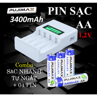 Combo 04 Pin Sạc AA 3400mAh + Sạc Pin Tiểu Pujimax LCD-04 Dòng Sạc Nhanh, Tự Ngắt | BH 12 Tháng
