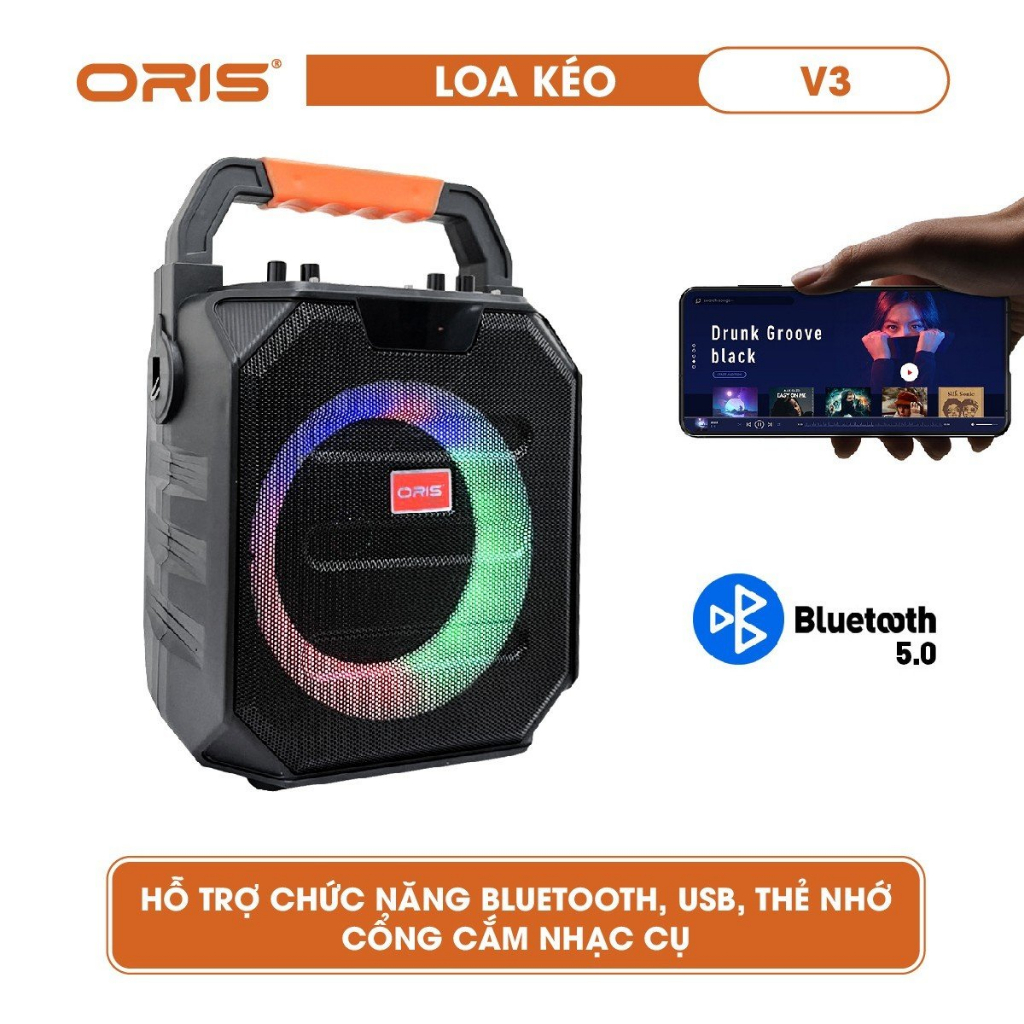 Loa kéo mini công suất 80W ORIS V3, loa di động có đèn 7 màu nhấp nháy theo nhạc, tặng kèm 01 mic sóng UHF chất lượng