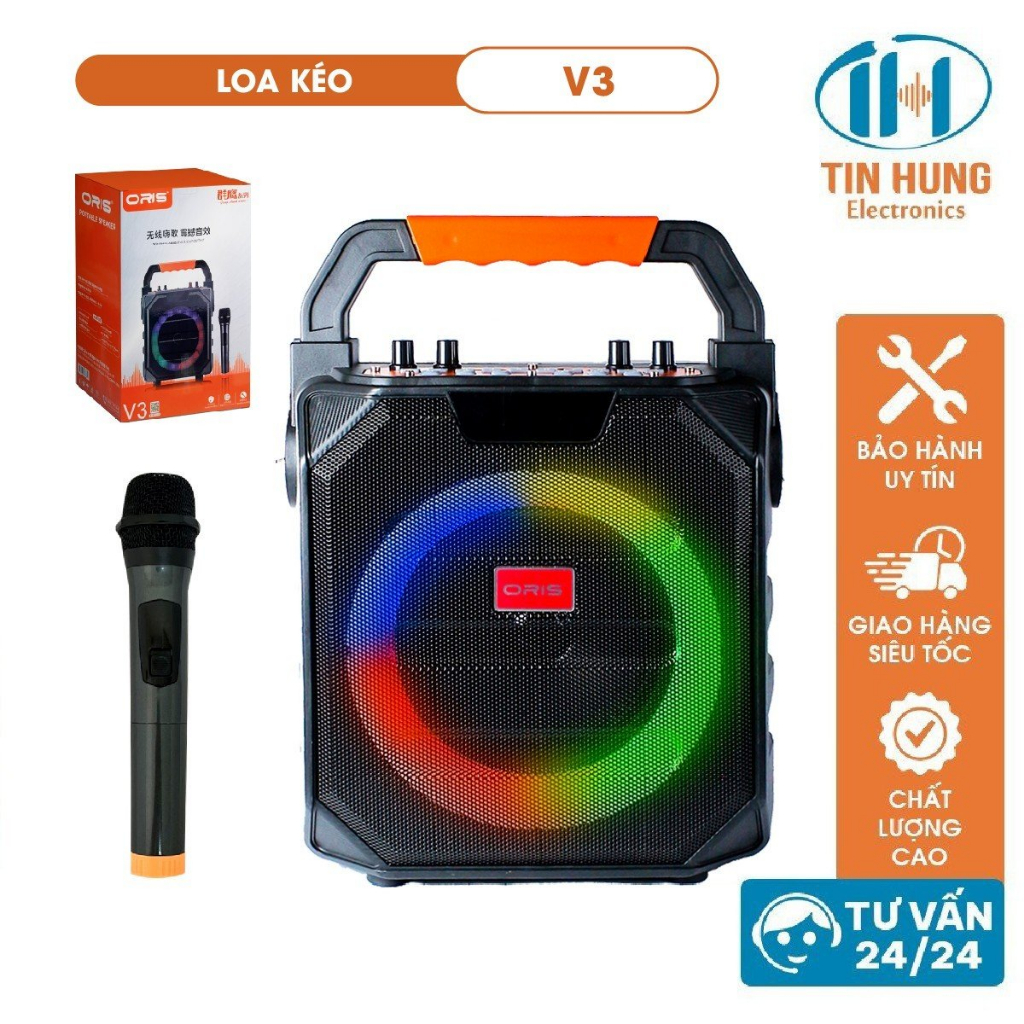 Loa kéo mini công suất 80W ORIS V3, loa di động có đèn 7 màu nhấp nháy theo nhạc, tặng kèm 01 mic sóng UHF chất lượng