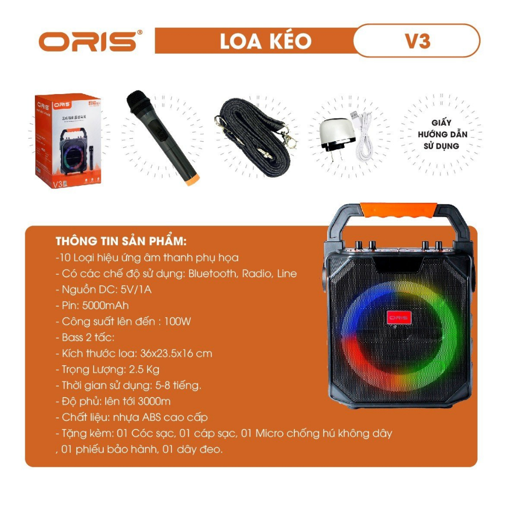 Loa kéo mini công suất 80W ORIS V3, loa di động có đèn 7 màu nhấp nháy theo nhạc, tặng kèm 01 mic sóng UHF chất lượng