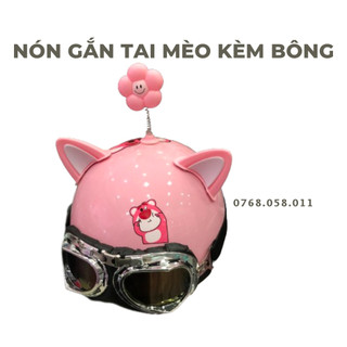 Nón bảo hiểm nửa đầu tem gấu dâu kính phi công kèm phụ kiện tai mèo 2 màu và bông hoa gắn mũ bảo hiểm dễ thương