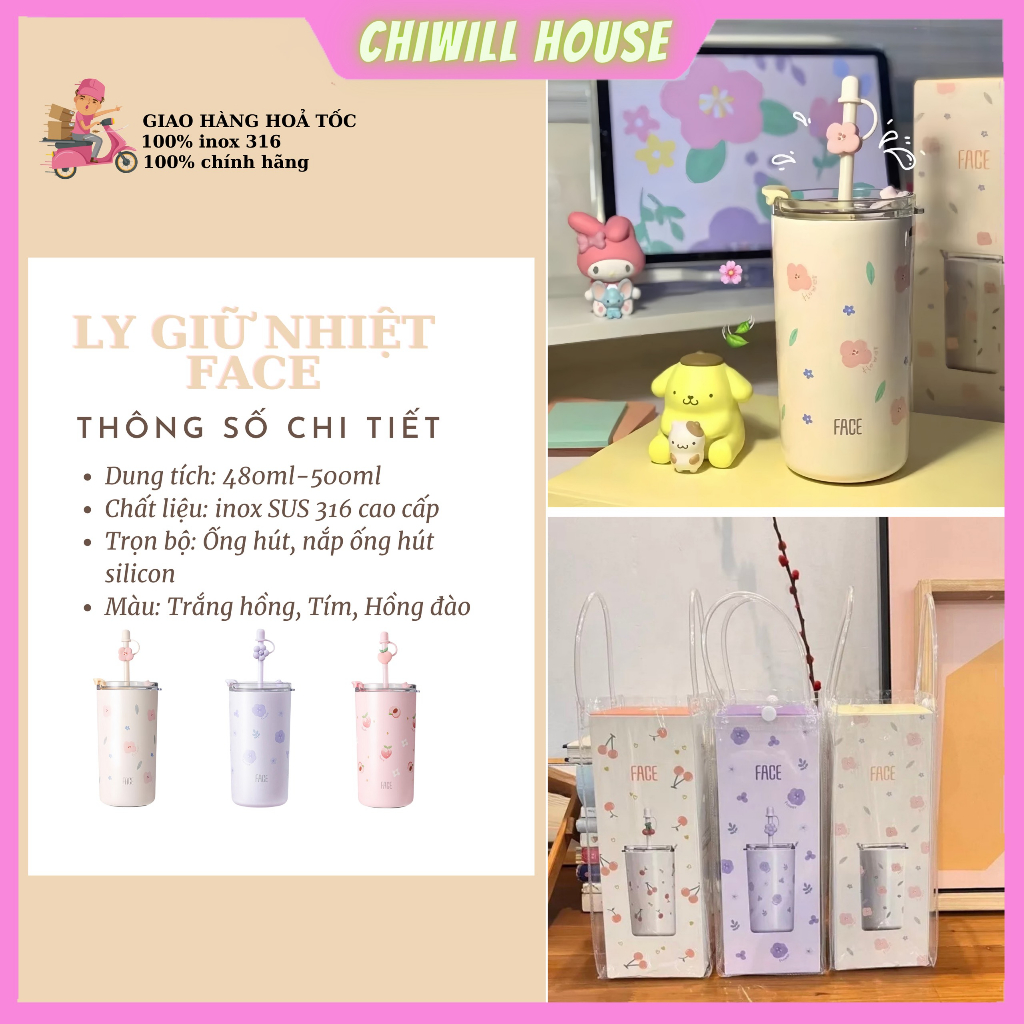 Ly Giữ Nhiệt Chính Hãng Face , Hàng Cao Cấp - Dung Tích 480 - 500Ml - Họa Tiết In Hoa Anh Đào - Kèm Ống Hút Hoa