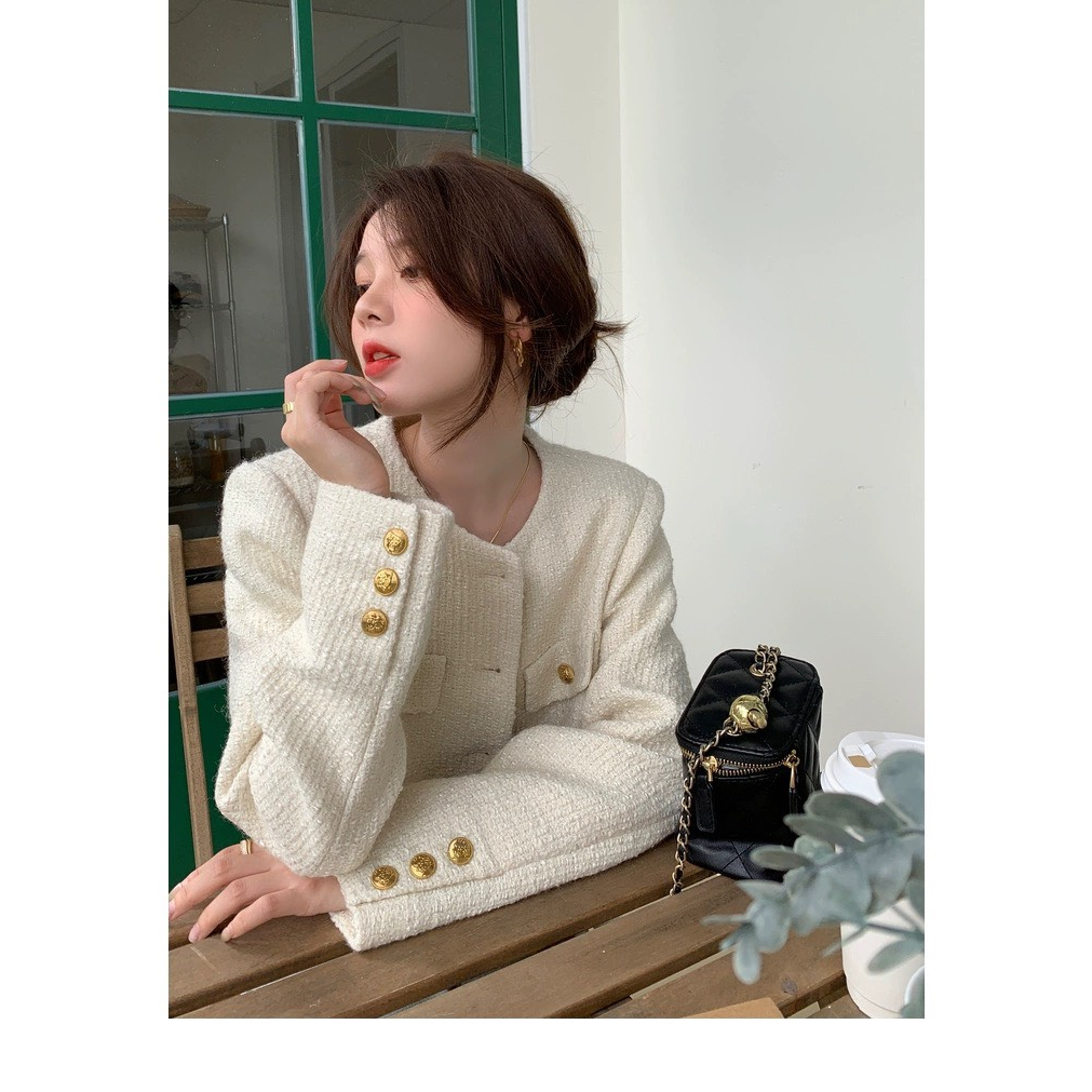 Áo dạ tweed dáng ngắn khuy đồng viền túi trước ngực sang trọng phong cách thời trang Hàn Quốc BUNNY deliz