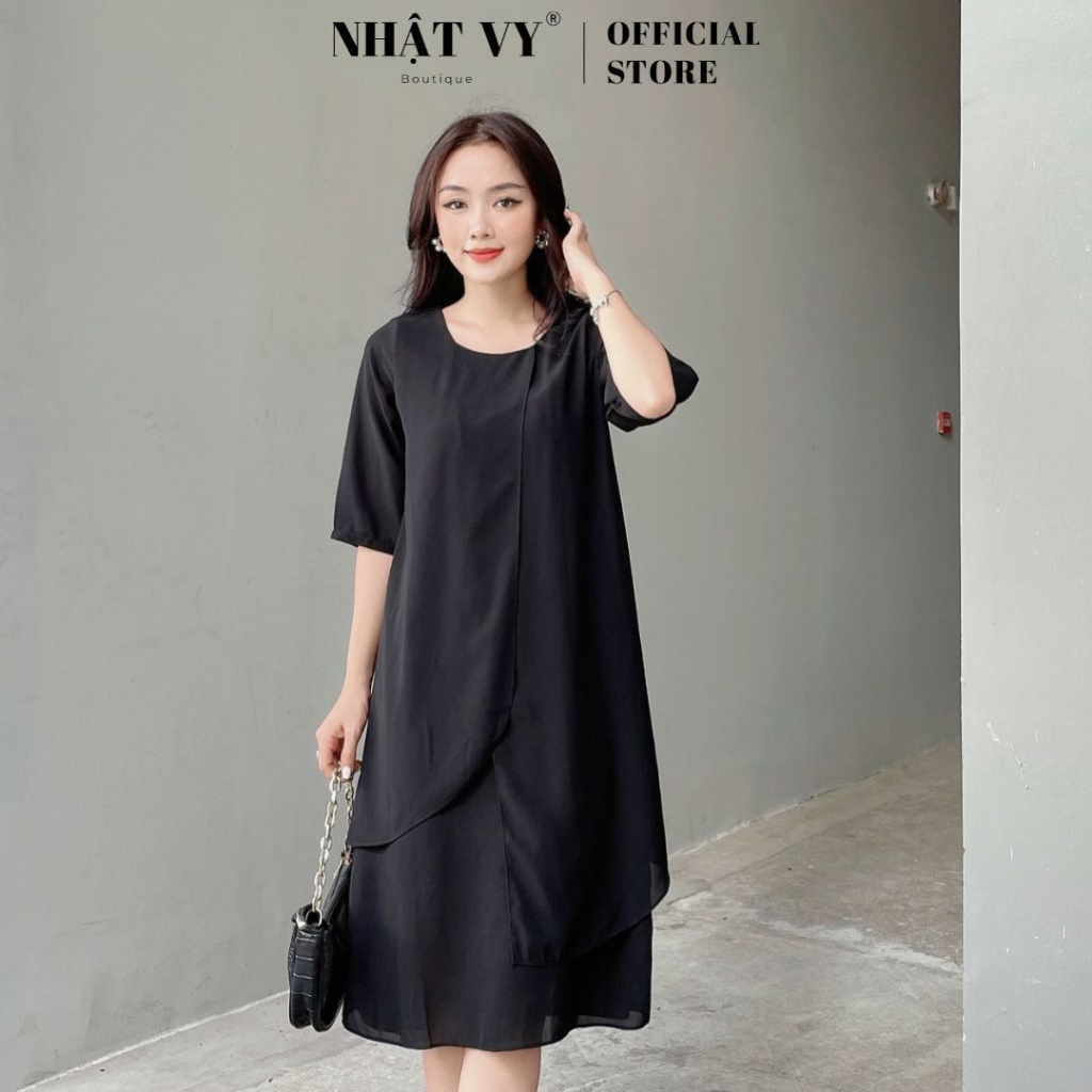 Đầm Đi Tiệc NHẬT VY Tay Lỡ Cổ Tròn Dáng Suông Màu Đỏ, Đen - D2374