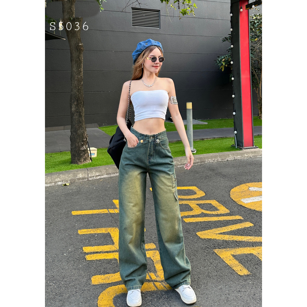 QUẦN JEANS ỐNG RỘNG NỮ LƯNG CAO ĐĨA NÚT TÚI HÔNG KHÓA KÉO MÀU LOANG VÀNG LAI CUỐN SIÊU HOT HIT CỰC XỊN SÒ