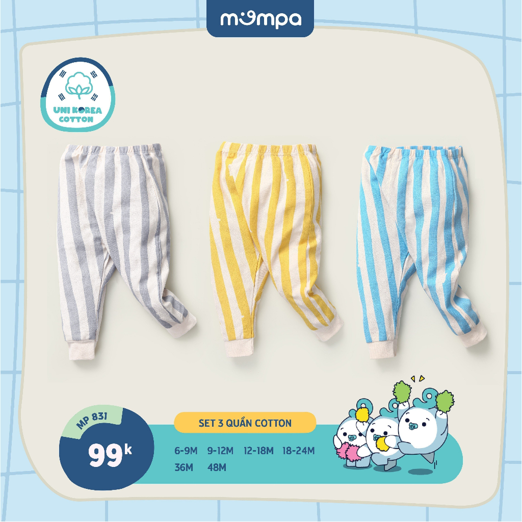 Set 3 quần dài cho bé Mompa từ 6 tháng đến 4 tuổi vải Cotton thấm hút co giãn mềm mại 831 [M23]