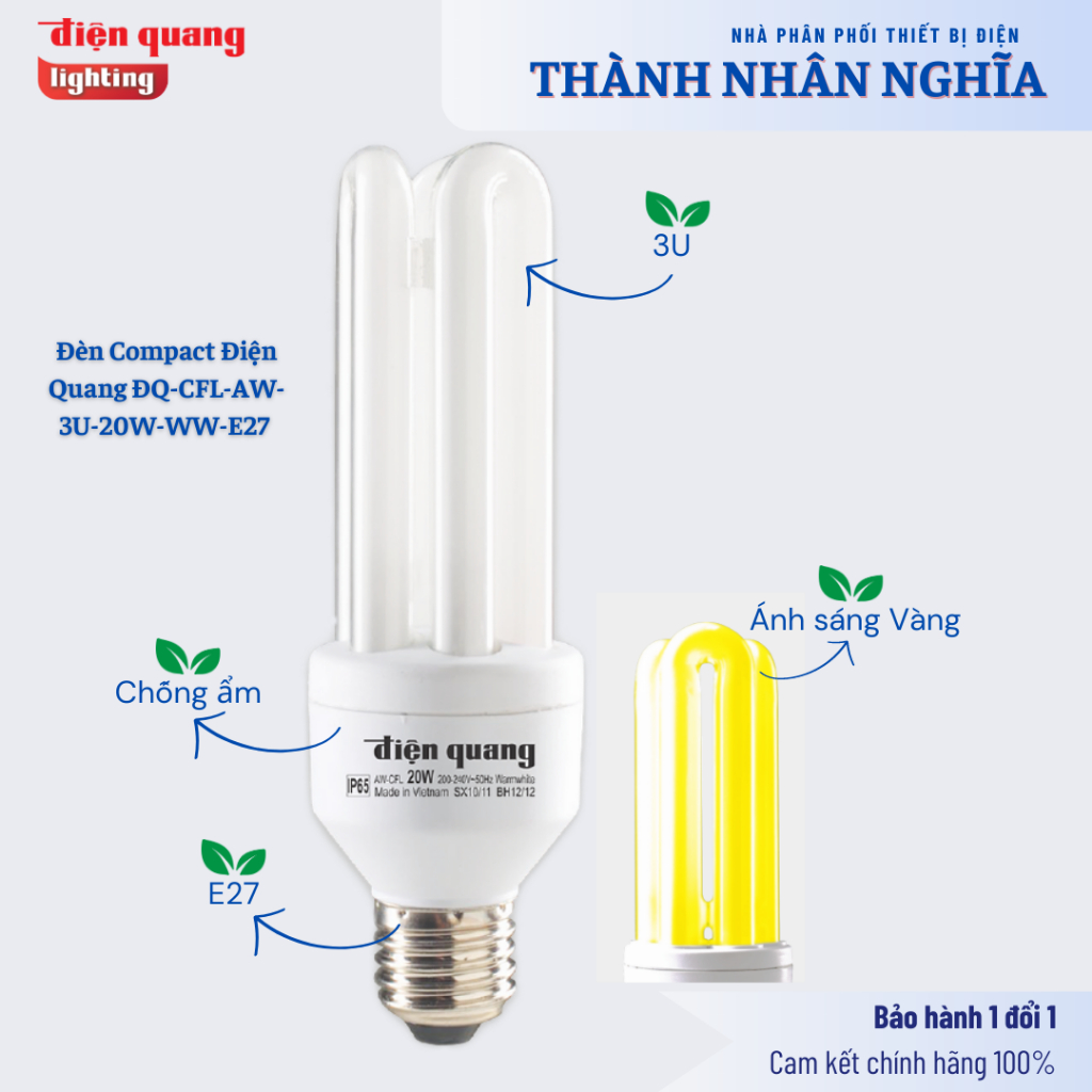 Đèn Compact Điện Quang ĐQ-CFL-AW-3U-20W-WW-E27 - 20W Ánh sáng Vàng Bảo hành 12 tháng