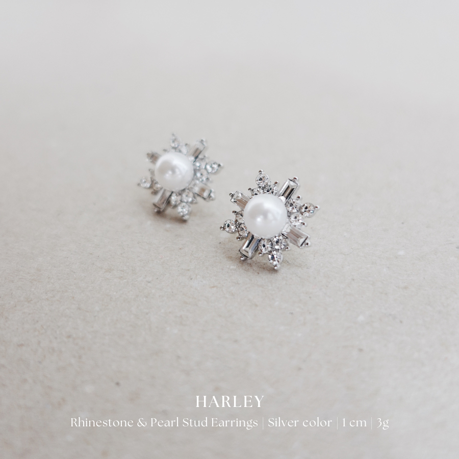 Bông tai, khuyên tai đi tiệc ✨đính đá và hạt✨ màu bạc phong cách Hàn Quốc sang trọng thanh lịch, Harley Jewelry