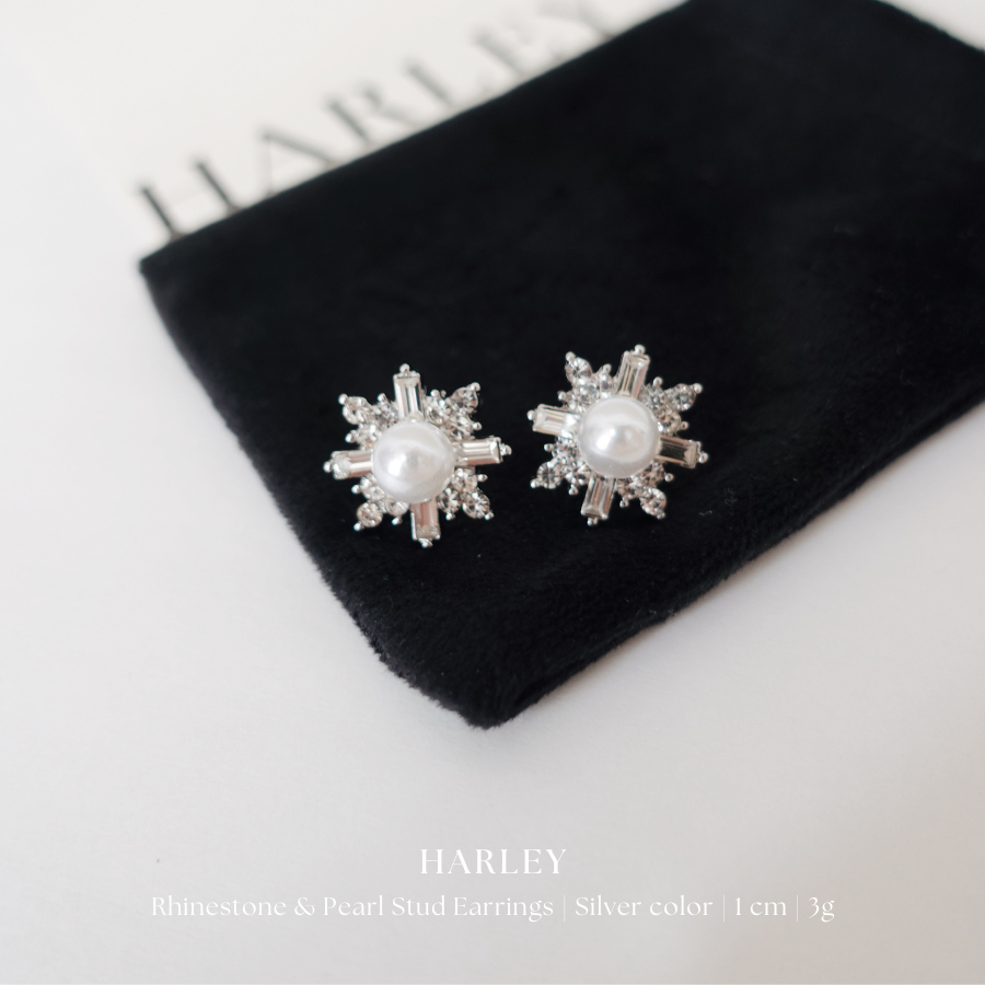 Bông tai, khuyên tai đi tiệc ✨đính đá và hạt✨ màu bạc phong cách Hàn Quốc sang trọng thanh lịch, Harley Jewelry