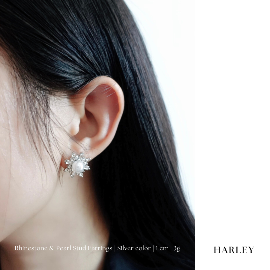 Bông tai, khuyên tai đi tiệc ✨đính đá và hạt✨ màu bạc phong cách Hàn Quốc sang trọng thanh lịch, Harley Jewelry