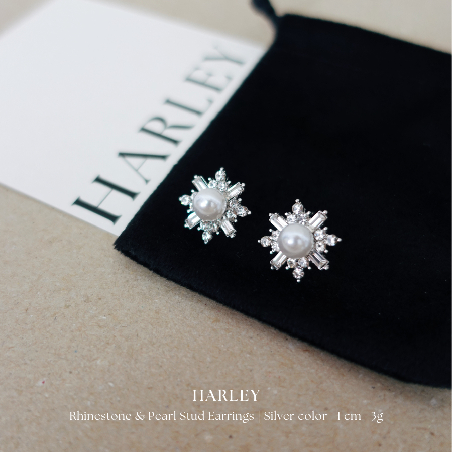 Bông tai, khuyên tai đi tiệc ✨đính đá và hạt✨ màu bạc phong cách Hàn Quốc sang trọng thanh lịch, Harley Jewelry