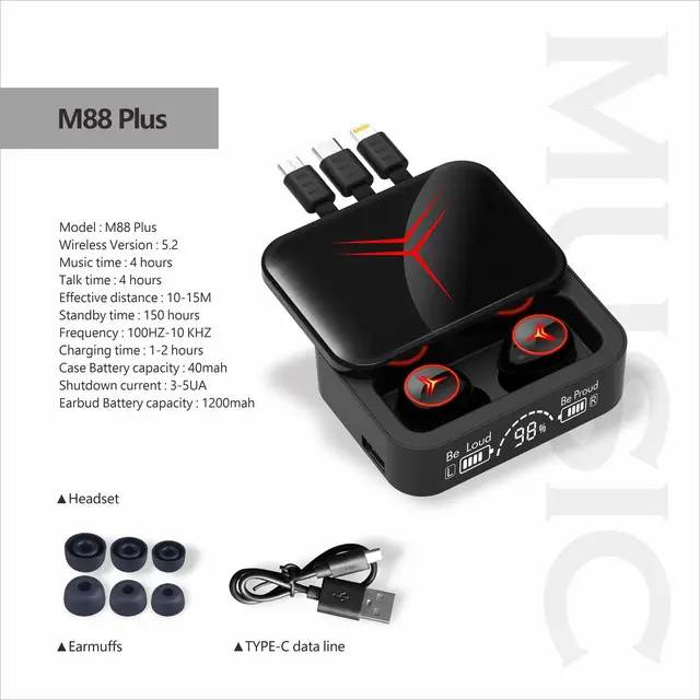 Tai nghe bluetooth V5.3 M88 Plus cảm ứng, màn hình led, chống nước ipx7, kiêm sạc dự phòng