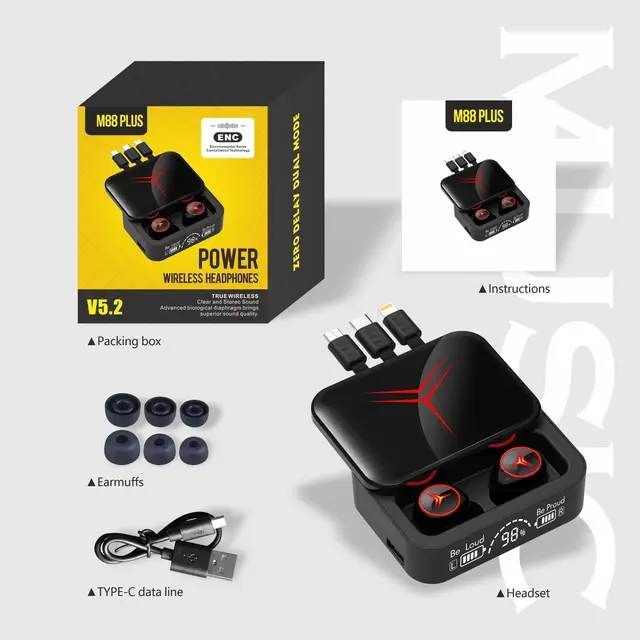 Tai nghe bluetooth V5.3 M88 Plus cảm ứng, màn hình led, chống nước ipx7, kiêm sạc dự phòng