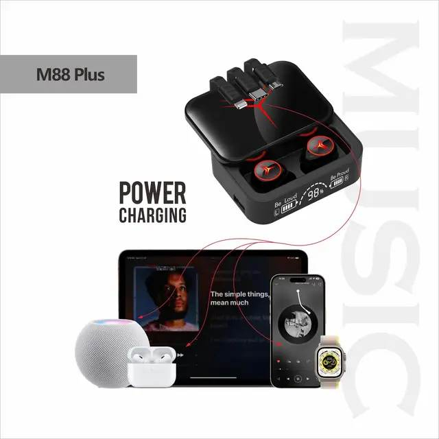 Tai nghe bluetooth V5.3 M88 Plus cảm ứng, màn hình led, chống nước ipx7, kiêm sạc dự phòng
