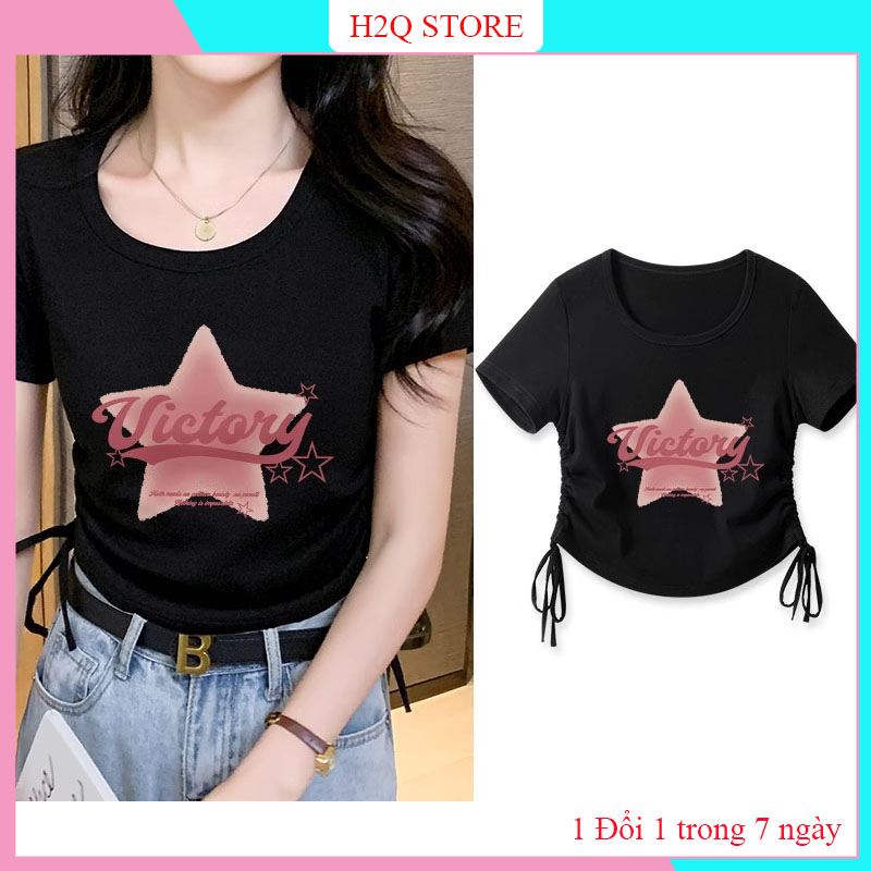 Áo croptop nữ, Áo thun tay ngắn cổ tron thiết kế dây rút 2 bên vải thun bozip co giãn in họa tiết HATCN3