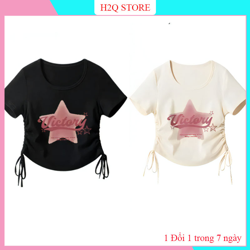Áo croptop nữ, Áo thun tay ngắn cổ tron thiết kế dây rút 2 bên vải thun bozip co giãn in họa tiết HATCN3
