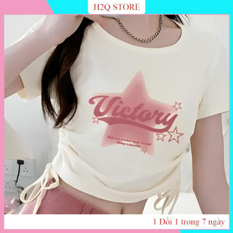 Áo croptop nữ, Áo thun tay ngắn cổ tron thiết kế dây rút 2 bên vải thun bozip co giãn in họa tiết HATCN3