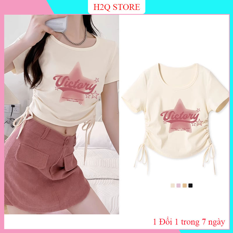 Áo croptop nữ, Áo thun tay ngắn cổ tron thiết kế dây rút 2 bên vải thun bozip co giãn in họa tiết HATCN3