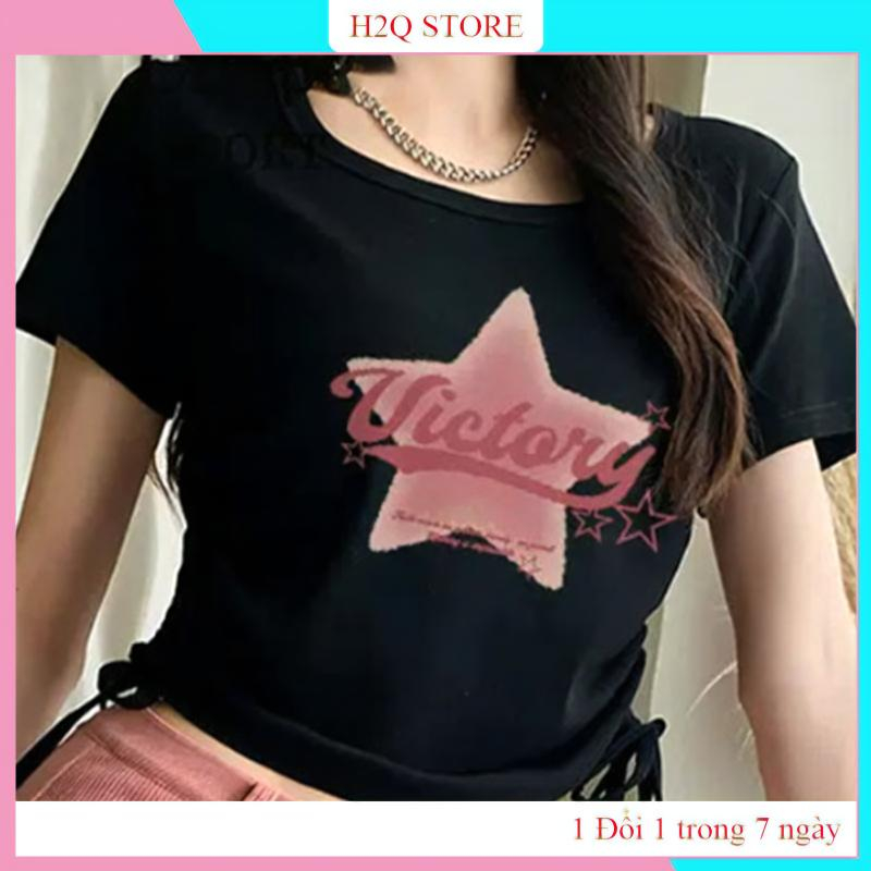 Áo croptop nữ, Áo thun tay ngắn cổ tron thiết kế dây rút 2 bên vải thun bozip co giãn in họa tiết HATCN3